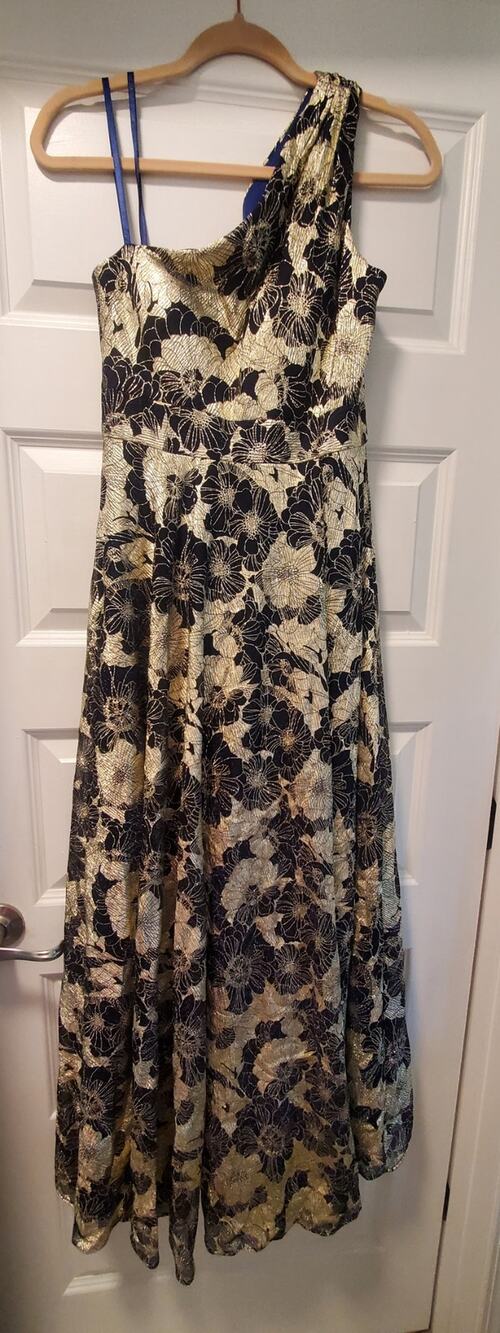 Petite "Gwen" Long One Shoulder Wrap Foil Flower Dress.a21